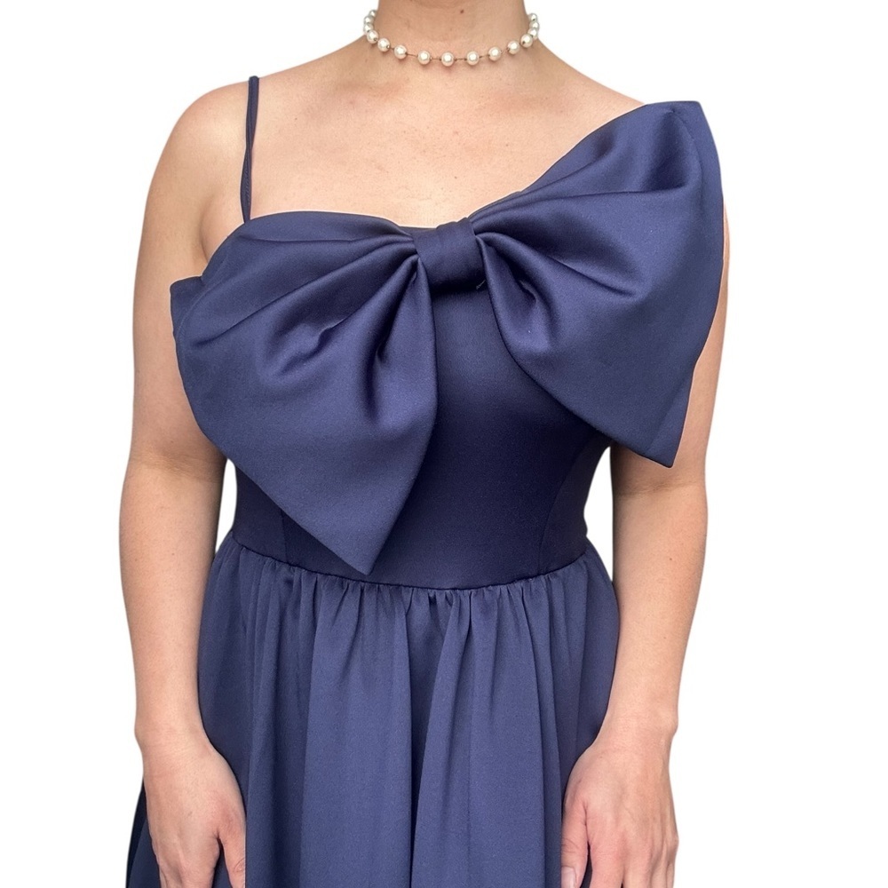 Navy long Dress with Statement asymmetrical Bow - Size Small - Picture 3 of 11
